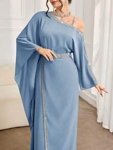 Al Najma Đầm kiểu Ả Rập thanh lịch dành cho nữ, phối ren và dây đeo vai, thích hợp cho mùa thu. - Màu xanh lam - Xem 5