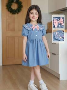 1 pieza Vestido para niñas jóvenes con cuello Peter Pan, bordado floral, mangas abullonadas y lazo azul, vestido de princesa de verano para el 7º cumpleaños, a juego con la familia, lindo y casual para primavera - Azul - Ver 8