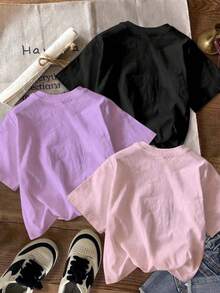 SHEIN Bộ 3 áo thun ngắn tay cổ tròn in nơ lấp lấp lánh dễ thương cho bé gái, thích hợp cho mùa xuân/hè. - Nhiều màu - Xem 2
