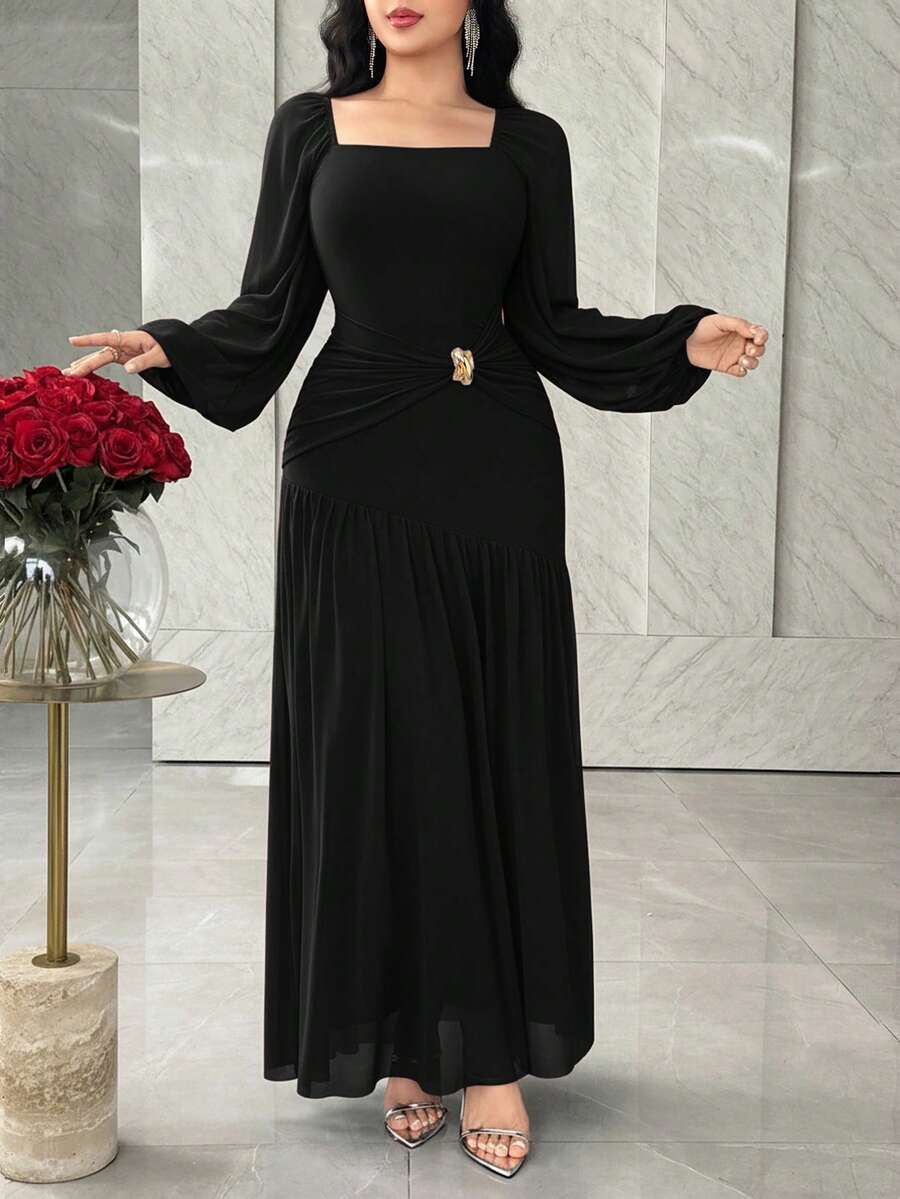Feyla Women's Solid Color Square Neck Metal Decor Elegant Long Sleeve Dress Long Black Elegant Dress Long Sleeve Elegant Dress