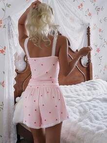 SHEIN 女士粉色爱心罗纹蕾丝真丝吊带短裤睡衣套装 - 粉色 - 查看 3