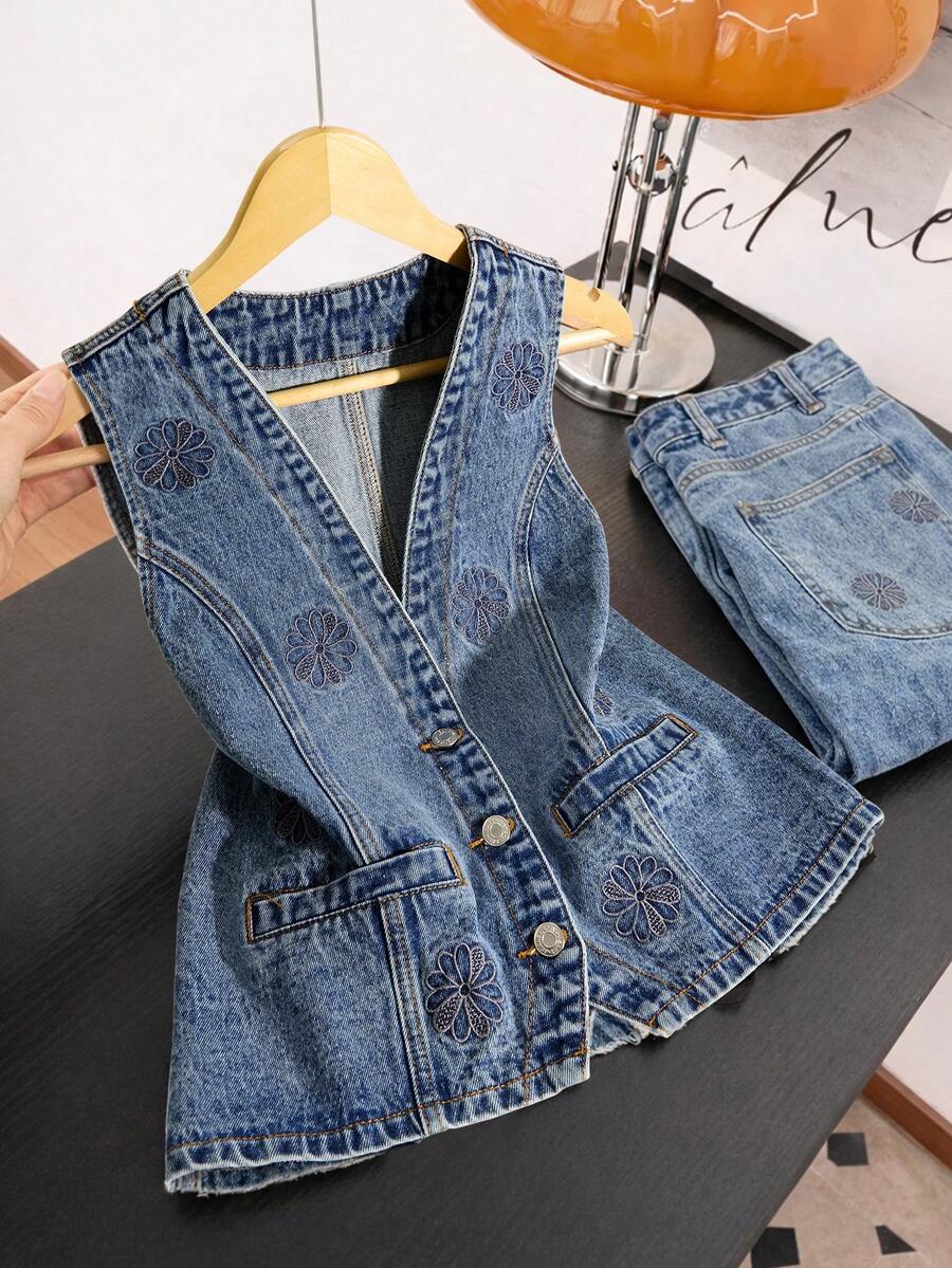 GlowEve 女士休闲水洗刺绣牛仔背心 - 中等水洗藍 - 查看 1