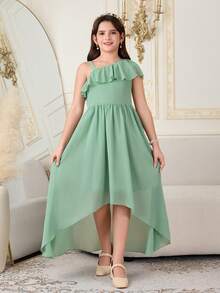 Tween Girl Sage Green Elegant Wedding Flower Girl Dress, Summer Chiffon High Waist Ruffle Shoulder Ruffle Trim Front Short Rear Long Princess Dress - Green - View 6