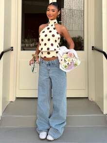 Muchica Women's Polka Dot Print Fashion Halter Backless Camisole For Going Out Outfits, Streetwear, Y2K Clothes, Pokadot Top - Yellow - View 6