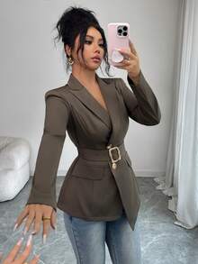 Modelyn Jaket Blazer Wanita Warna Polos dengan Sabuk, Cocok untuk Kerja - Mint Green - View 3