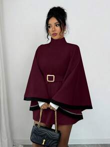 SHEIN Elenzya Women's Poncho Flare Sleeve Wool Blend Casual Elegant Streetwear Commute Business Romantic Date Party Christmas Autumn/Winter Apricot Overcoat - Burgundy - View 7
