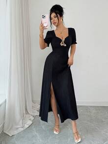 Rafferiza Đầm dài tay ngắn xẻ tà màu đen, thanh lịch, quyến rũ, gợi cảm, thích hợp cho tiệc tùng, thích hợp cho mùa xuân/hè. - màu đen - Xem 6
