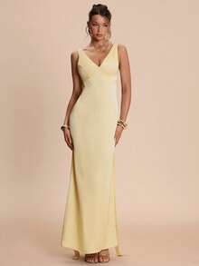 SHEIN BAE Đầm satin dáng đuôi cá màu vàng bơ, hở lưng, buộc dây, ôm sát, kiểu dáng thanh lịch, thích hợp cho bữa trưa, phù dâu, tiệc tùng, các dịp trang trọng, sinh nhật, ngày Valentine. - Màu vàng - Xem 2