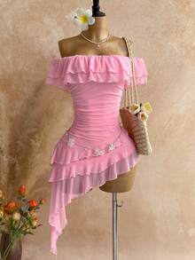 Soleia 春夏度假针织网纱无肩带露肩修身多层荷叶边不对称下摆连衣裙，适合花园派对、下午茶、插花、约会、波西米亚风、度假、秋季女装、复古、假日等场合。 - 粉色 - 查看 3