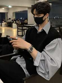 DAZY 男士纯黑色V领针织背心，适合通勤，春夏穿着 - 黑色 - 查看 2