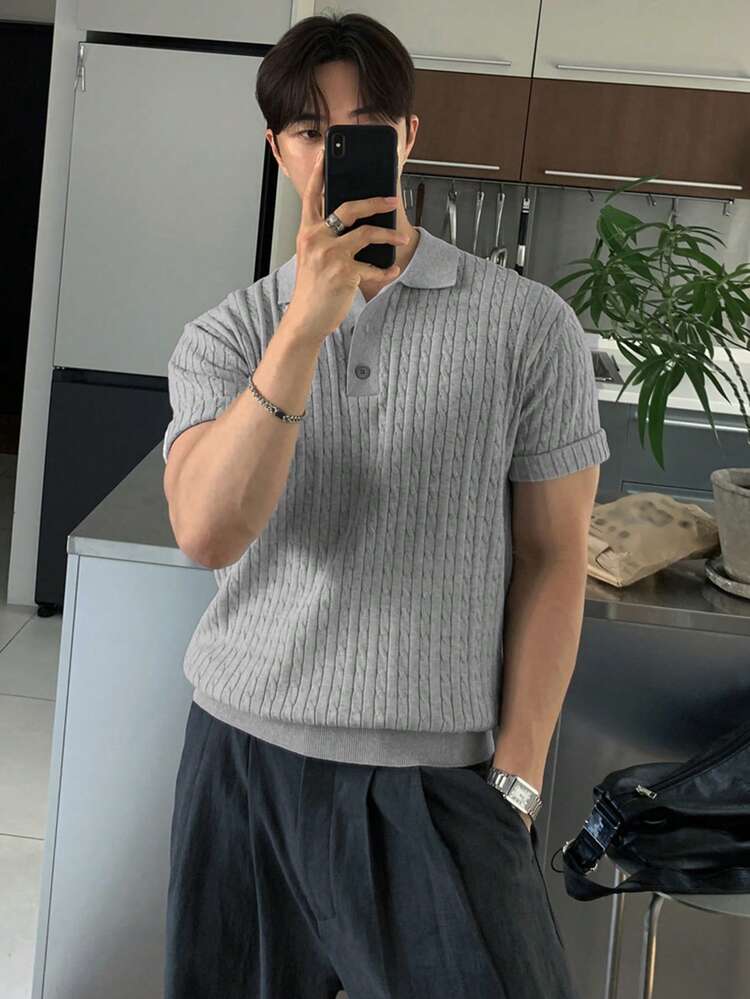 Men's Solid Gray Polo Neck Knit Top, Summer