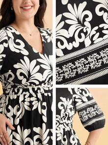 Momelise Đầm chữ A cổ chữ V thắt eo in họa tiết dành cho nữ cỡ lớn, đầm nghỉ dưỡng mùa xuân/hè. - màu đen - Xem 8