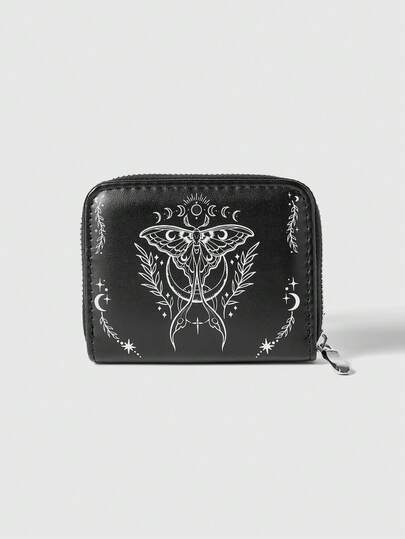 ROMWE Goth 1 Adet, Güve Bitki Yıldız ve Ay Desenli Kısa Minimalist Tarz Fermuarlı Bozuk Para Cüzdanı, Kadınlar İçin Uygun