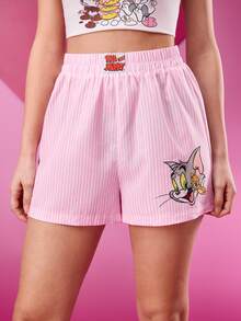 TOM & JERRY X SHEIN 女士卡通图案可爱粉色条纹宽松短裤，休闲日常款，情人节、春夏皆宜 - 淺粉色 - 查看 1