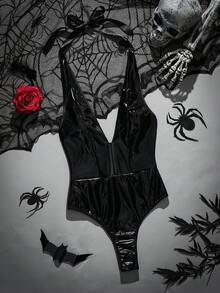 PU Leather Solid Color Deep V-Neck Sleeveless Patchwork Bodysuit - Black - View 6