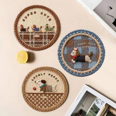 Joivida French Retro Absorbent Coasters For Drinks, Cute Puppy Embroidered Style Diatom Mud Table Mat, Anti-Scald Heat Resistant Cup Mat For Home Cafe Decor