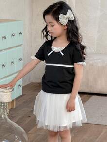 DAZY 女童（小号）撞色蕾丝短袖T恤，秋季服装 - 黑色 - 查看 3