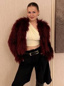 Kuleshova 女士时尚性感短款仿皮草大衣，秋冬新品 - 酒紅色 - 查看 5