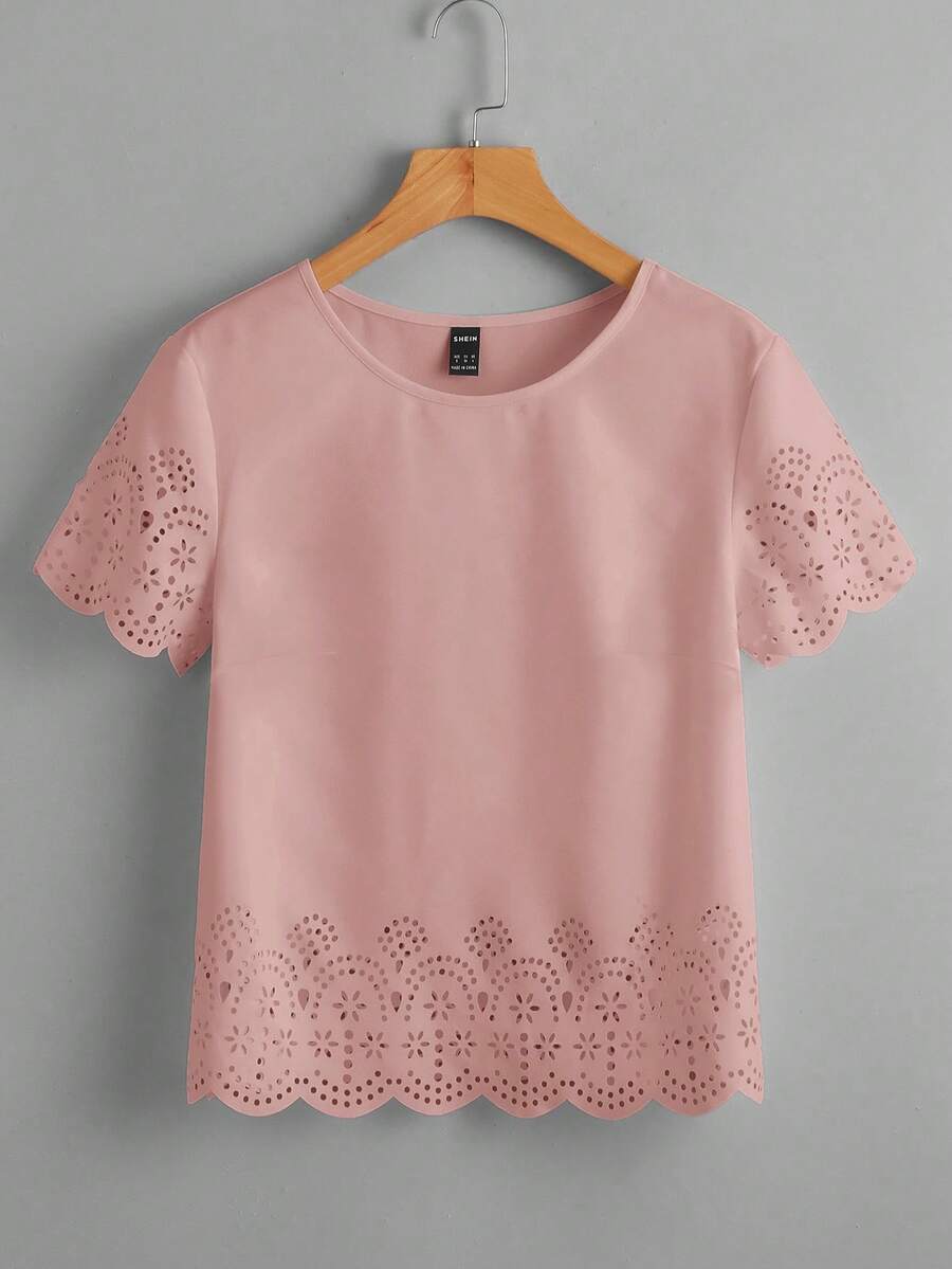 SHEIN Clasi 纯色圆领镂空休闲百搭短袖梭织衬衫 - 淺粉色 - 查看 1
