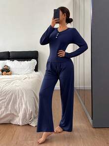 Dream Adore 女士休闲蕾丝拼接V领纽扣装饰针织长袖睡衣套装 - 藏蓝色 - 查看 4