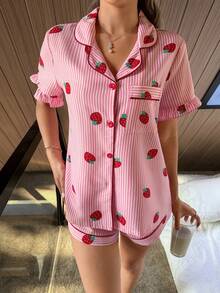 SHEIN 女士泡泡褶皱水彩条纹草莓印花短袖纽扣上衣和短裤睡衣套装 - 粉色 - 查看 5