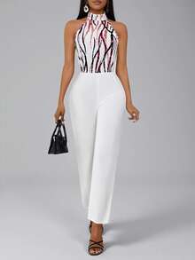 Lyxana Women's Elegant Printed Halter Jumpsuit - White - View 3