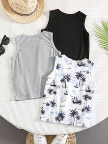 3pcs/Set Tween Boys Casual Vacation Style Palm Tree Print Sleeveless Loose Knit Tank Top Set, Suitable For School, Vacation, Spring & Summer - Grey - View 2