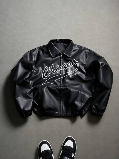 PAVTROS Men's Casual Black Leather Jacket, Chest Print Adds Urban Vibe, Suitable For Daily Casual Wear And Weekend Outings, This Leather Jacket Is A Must-Have For Men's Wardrobe, Valentine's Day,Spring To Summer,Gift For My Boyfriend,Mardi Gras,Vintage,Streetwear,Party,St Patrick's Day,Going Out