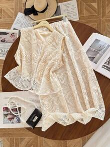 Lacomfia Plus Size Women 2 Pieces Set: Single-Breasted Vest Shirt And A-Line Skirt, Textured Fabric Crochet Sets For Women Lace 2 Piece Set - Apricot - View 4