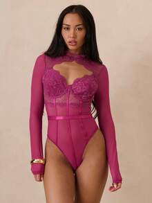 SHEIN Glamour 女士撞色蕾丝镂空设计长袖性感连体衣 - 中紫紅色 - 查看 5