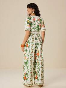 Felipe Marques Women's Floral Print Puff Sleeve Jumpsuit, Casual For Vacation, Party, Bohemian Style, Suitable For Spring And Autumn - Apricot - View 2