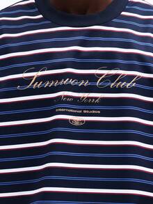 SUMWON Jummon Club New York International Studios Oversized Striped Short Sleeve T-Shirt With Crew Neckline And Embroidered Text Logo For Casual Summer Spring Everyday Wear - Blue - View 2