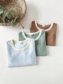 SHEIN 3pcs/Set Baby Boys' Casual Colorblock Pocket Short Sleeve Top, Versatile For Outings, Home, Daily Wear, Spring/Summer - Multicolor - View 3