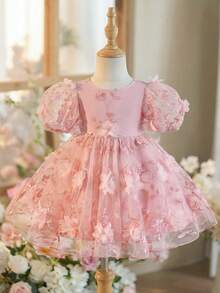 SHEIN 优雅可爱的女婴粉色花卉刺绣网纱短袖连衣裙 - 彩色 - 查看 8