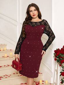 Ellevyn 大码优雅撞色蕾丝仿珍珠串珠连衣裙，秋季 - 彩色 - 查看 5