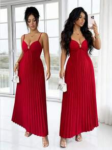 Rafferiza 优雅别致的金属扣装饰褶皱下摆吊带红色连衣裙，适合春夏穿着。 - 紅色 - 查看 1