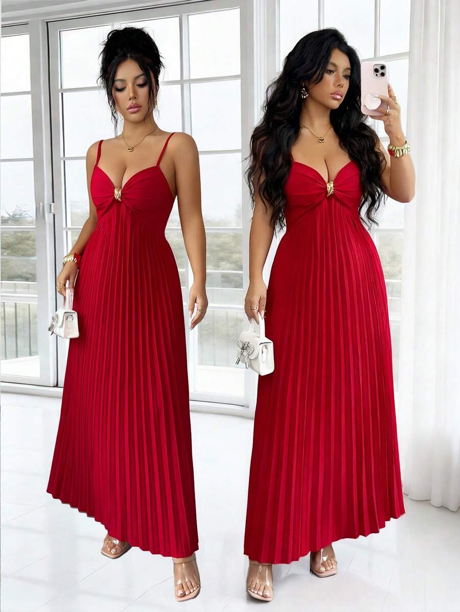 Rafferiza 优雅别致的金属扣装饰褶皱下摆吊带红色连衣裙，适合春夏穿着。 - 紅色 - 查看 1