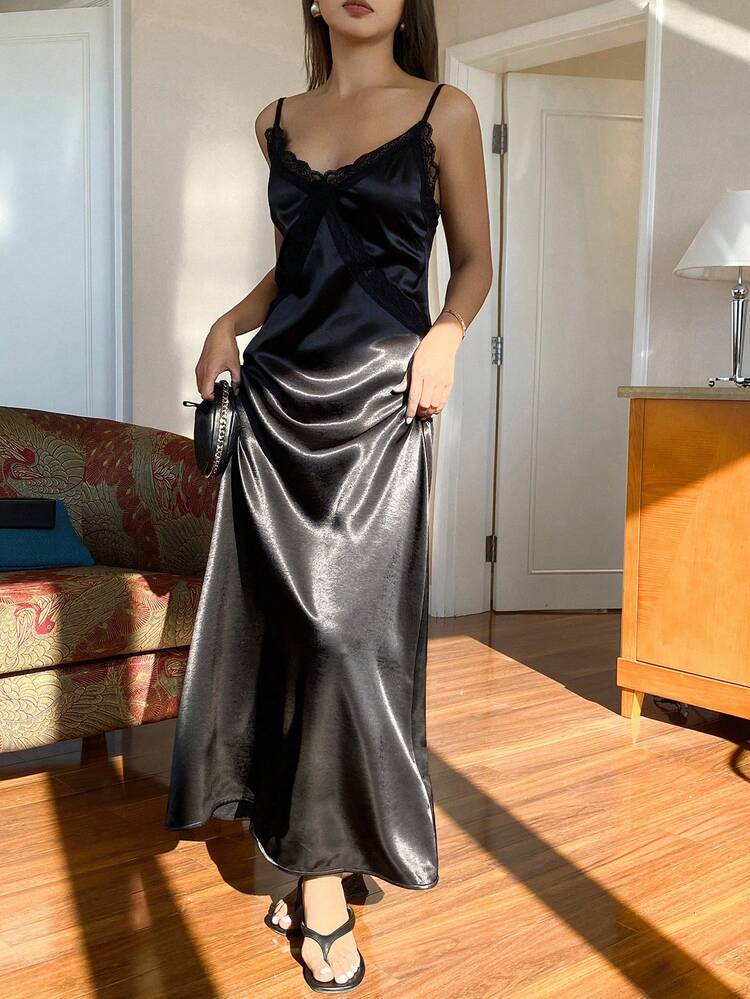 Women's Elegant Lace Trim Spaghetti Strap Dress, Summer Wedding Guest Dress Maxi Dress Sundress