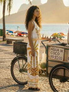 CAJUNI Conjunto de top halter sin espalda y pantalones con estampado tropical, para vacaciones y uso casual - Multicolor - Ver 5