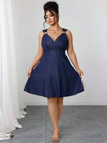 Elenzga Plus Size Women Elegant & Comfortable Dark Blue Non-Stretch Denim Dress - Dark Wash - View 7