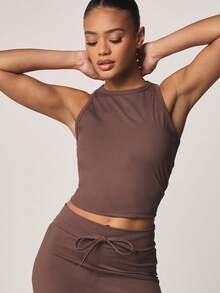 MISSGUIDED Ribbed Tank Crop Top With High Waisted Flared Pants Two Piece Lounge Set Matching Outfit Casual Sleeveless Fitted Coordinated Co-Ord - Coffee Brown - View 5