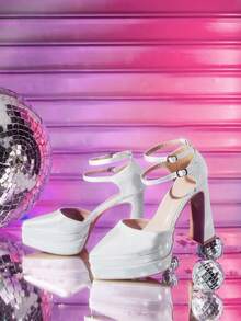 CUCCOO LuxiPop 女士缎面瀑布式高跟鞋，适合圣诞节、新年派对、夜店、情人节等场合。 - 白色 - 查看 2