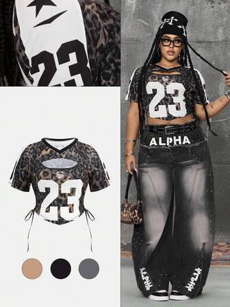 Street Life Plus Size Women Retro College Style Back To School Sexy Sports Number Jersey Tight T-Shirt