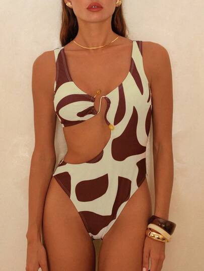 Swim Chiccia Vestido de playa primavera/verano para mujer, de una pieza, elegante y romántico, estampado geométrico de bloques de color de alta gama para resort de isla, en colores café y blanco, con botones decorativos de metal acrílico en estilo boho chic, diseño de cintura recortada, adecuado para vacaciones de verano, playa, piscina y uso diario.