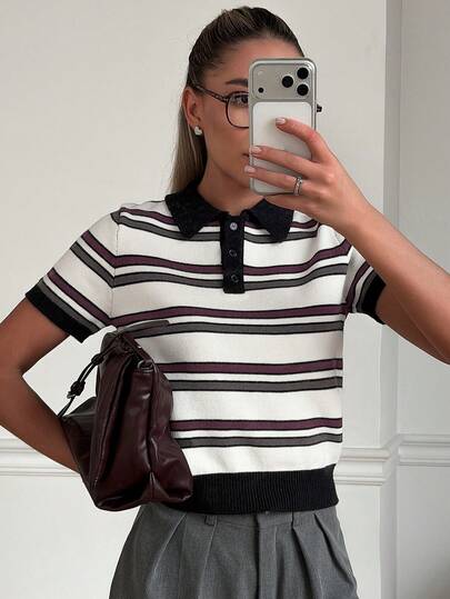 DAZY Contrast Striped Polo Collar Short Sleeve Fitted Casual Formal Spring/Autumn Knit Top For Women