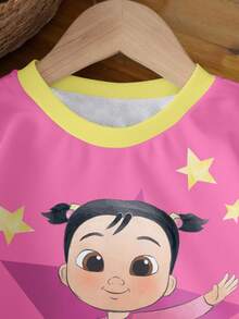 CoComelon X SHEIN Young Girl Casual Colorblock Cartoon Pattern Crew Neck Sweatshirt, Autumn - White - View 3