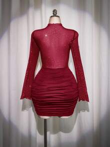 SHEIN ICON 大码女士性感夜店风黑色迷你连衣裙 - 酒紅色 - 查看 9