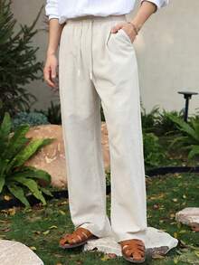 DAZY 男士抽绳腰带口袋休闲百搭通勤阔腿裤 - 杏色 - 查看 1