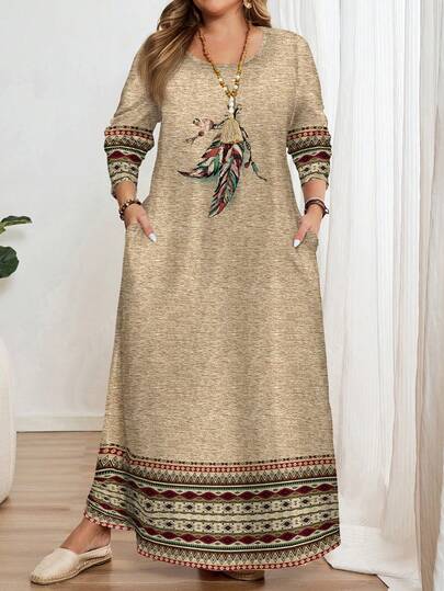 EMERY ROSE Plus Size Vintage Floral Print Long Sleeve Round Neck Casual Elegant Dress For Women, Suitable For Spring Carnival,Vacation