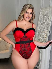 Fantasy Costume Fantasy Costume 1 Set Vintage Lace Patchwork Plus Size Lingerie, Cosplay Furry Cat Tail Decoration Costume Props - Red - View 3